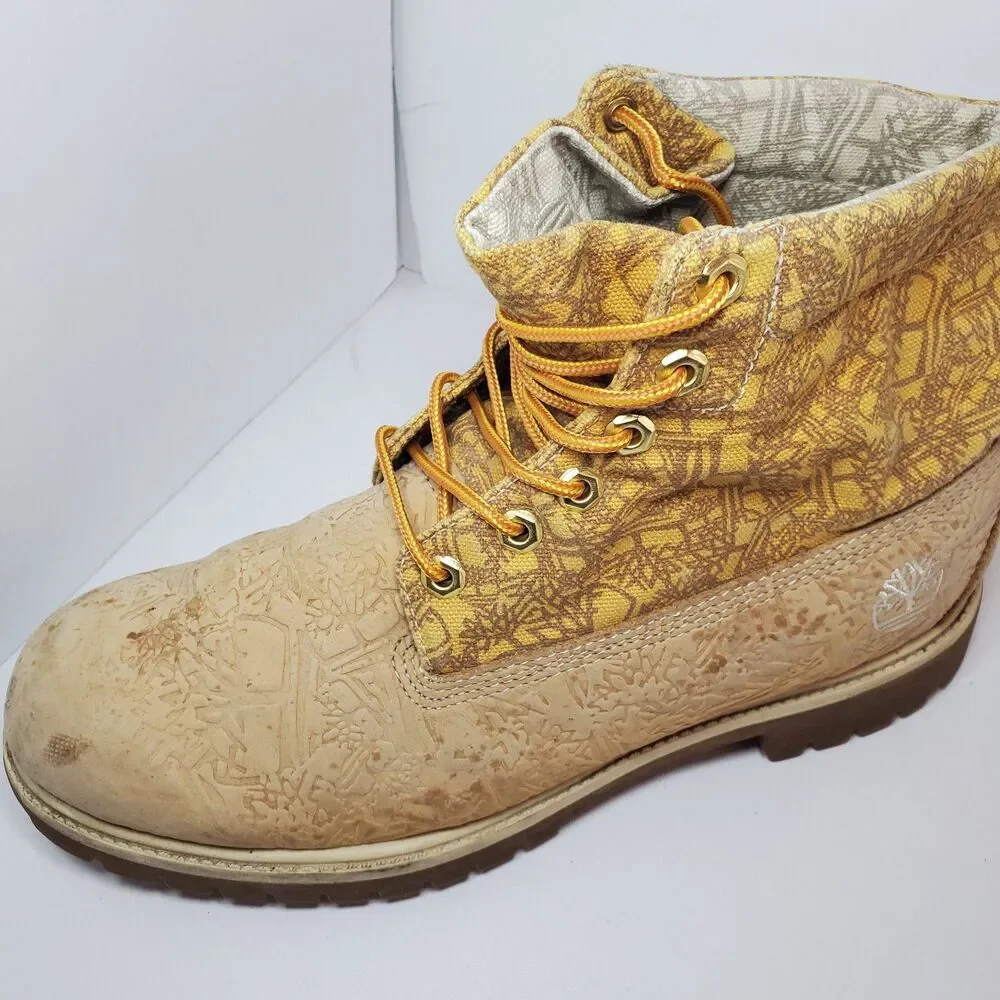 Rare Timberland Mens Anti Fatigue Canvas Embossed Leather Lace Up Boots Sz 11.5